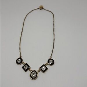 Vintage Liz Claiborne Gold Tone Necklace Black Enamel & Crystal Pendants 17”